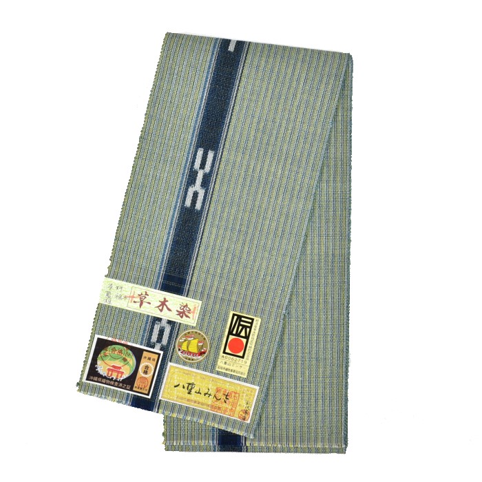 八重山ミンサー半幅帯 緑 藍 縞｜涼やかで上品なミンサー織 綿帯